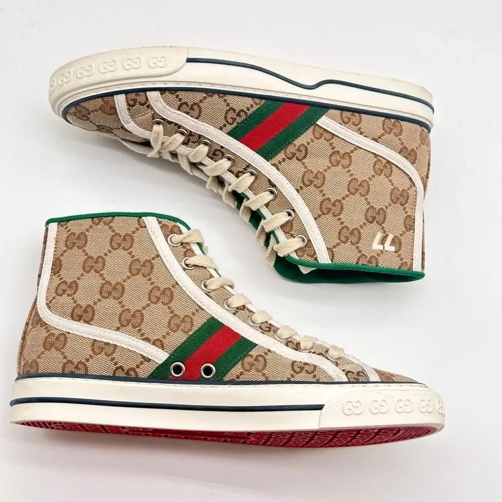 Gucci Tennis 1977 GG Monogram High Top Womens Sneakers Beige Tan EU 37.5 US 7.5